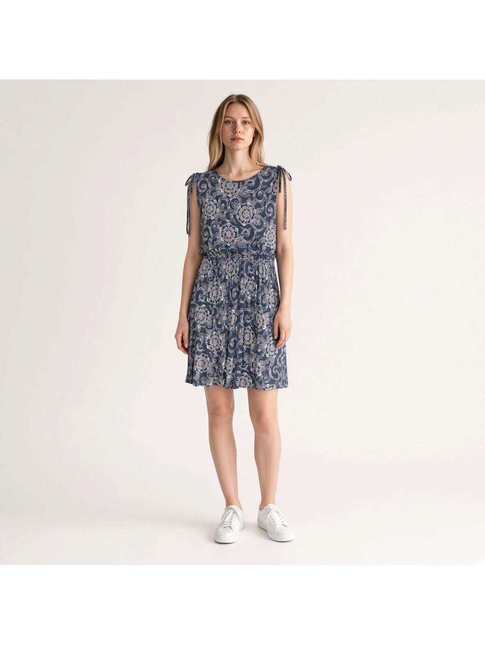 New Loft Dress Women M Medium Blue Floral Sheath Short Sleeveless Hook & Eye